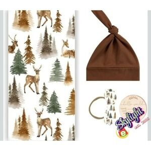 Newborn Baby Girl Winter Deer Print Blanket Set with/ Matching Headband and Hat
